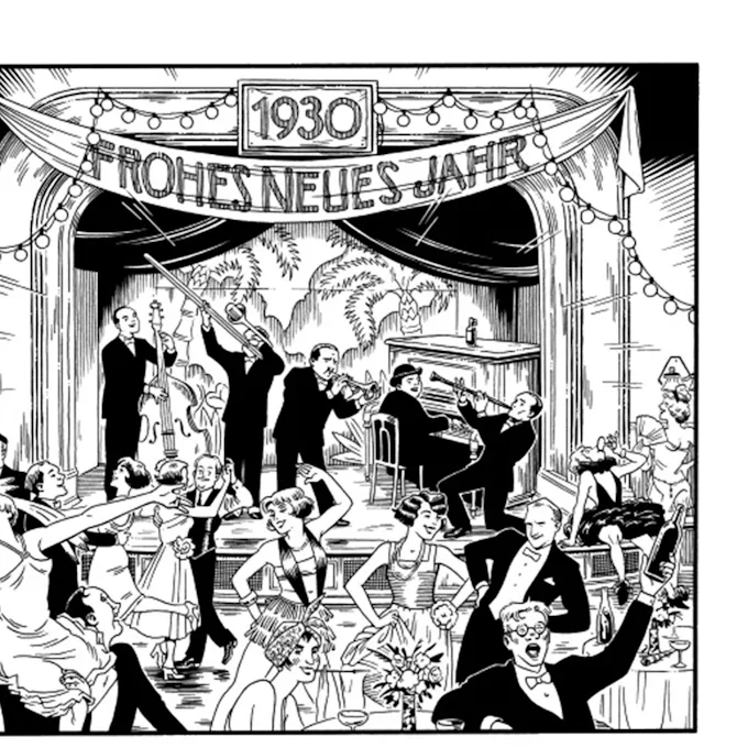 Black & white illustration of men and women dancing in 1930s outfits while a band performs