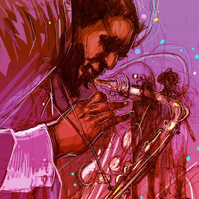 Illustration in pink hues of a man playing saxophone