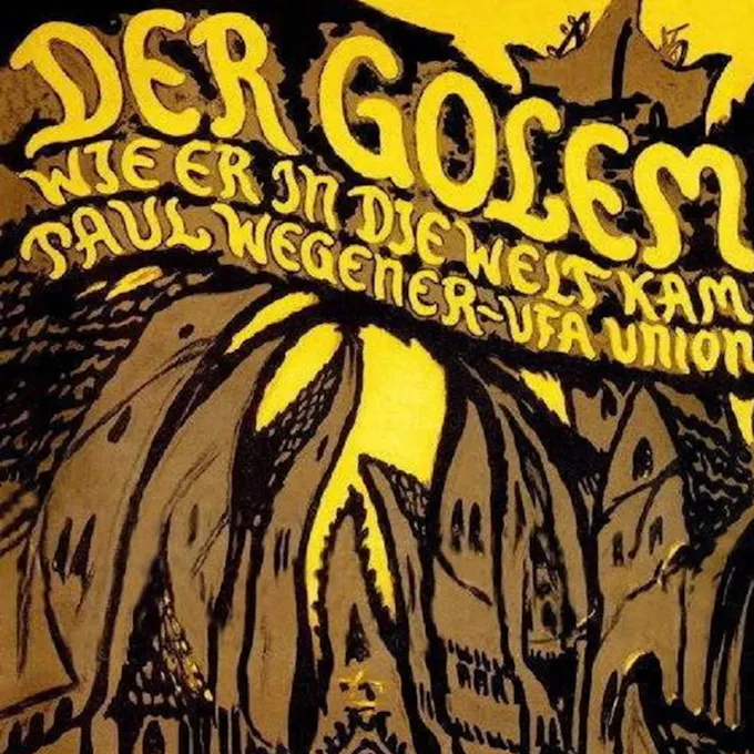 "Der Golem" over illustration of warped ancient buildings