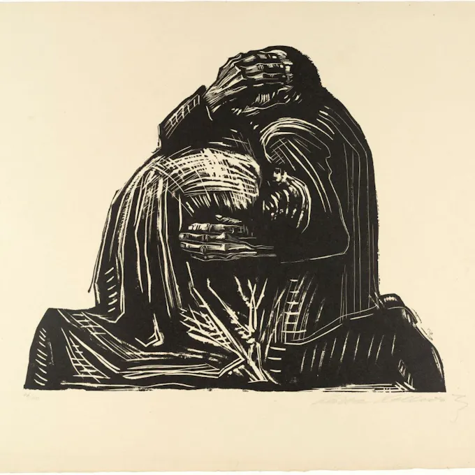 Black & white drawing of a man embracing the limp form of a child