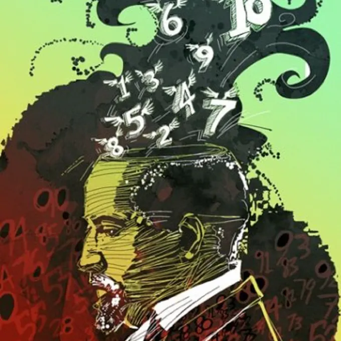 Illustration of W.E.B. Du Bois with numbers flying out of the top of his head