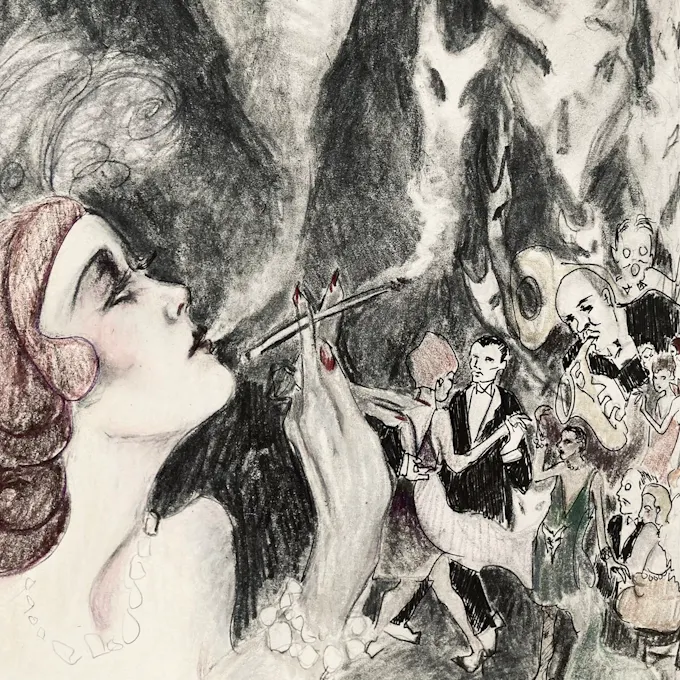 Black & white sketch of a woman blowing smoke as men and women dance in the background