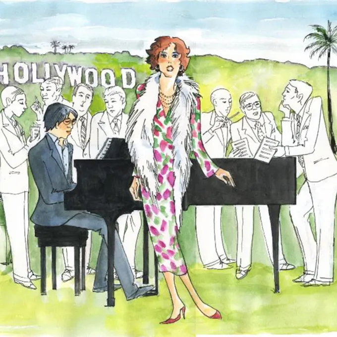 A person sitting on a piano with a person playing the piano and figures standing behind the piano. The Hollywood sign is visible in the distance