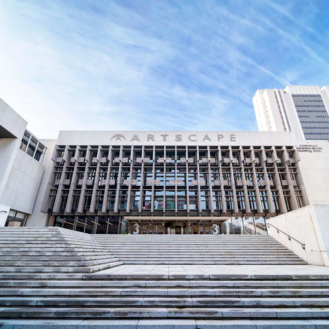 Artscape auditorium with gray stone steps leading up to the entrance