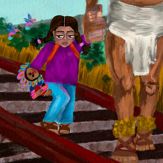 Painting of a young Mexican girl holding hands with a man walking along a railroad track