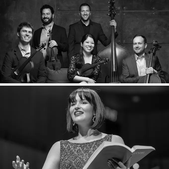 Toomai String Quintet musicians posing with their instruments, and Maria Brea holding a book
