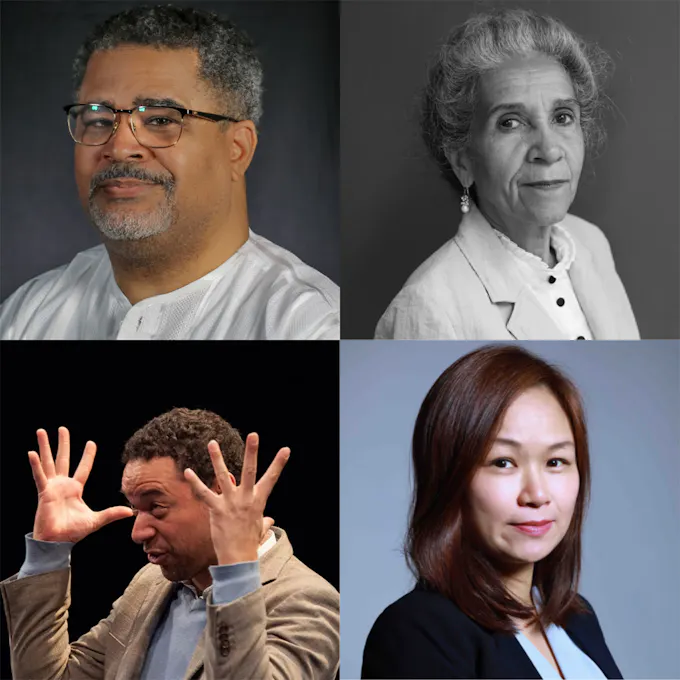 A Black man wearing glasses, an older woman with gray hair, a Black man with hands raised, and an Asian woman