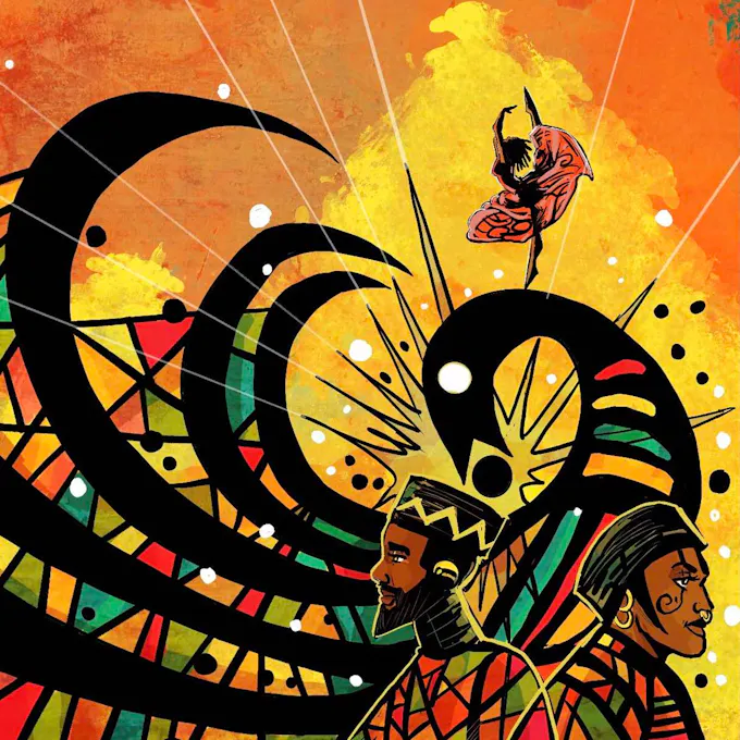 Painting of two Black men in colorful robes