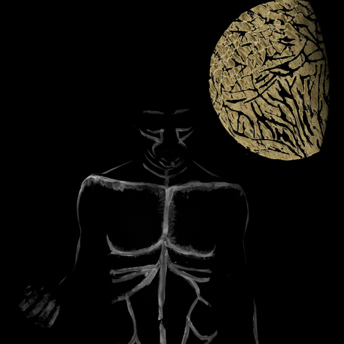 Sketch of a man standing under a yellow moon, his chest and face outlined in white