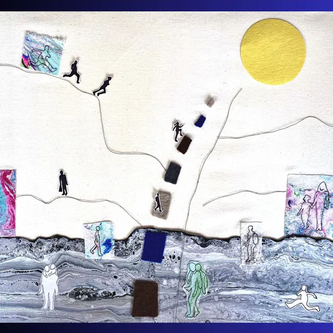 Abstract illustration of a yellow sun, figures frolicking in the ocean, and a road into the sky with figures walking on strings