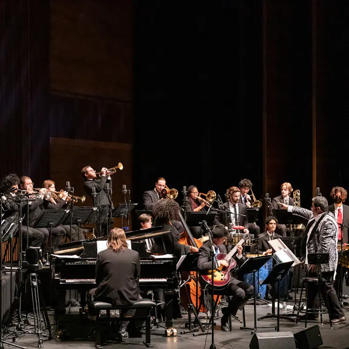 The Juilliard Jazz Orchestra performs on stage