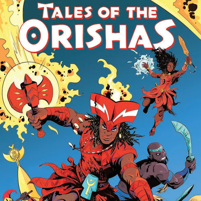 "Tale of the Orishas" comic illustration of two Black males and one female Samurai-like figures charging