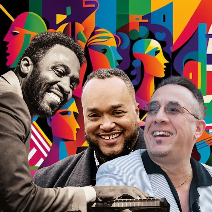 Dyramir Gonzalez, Steven Oquendo, and Bobby Sanabria against a colorful painting of faces