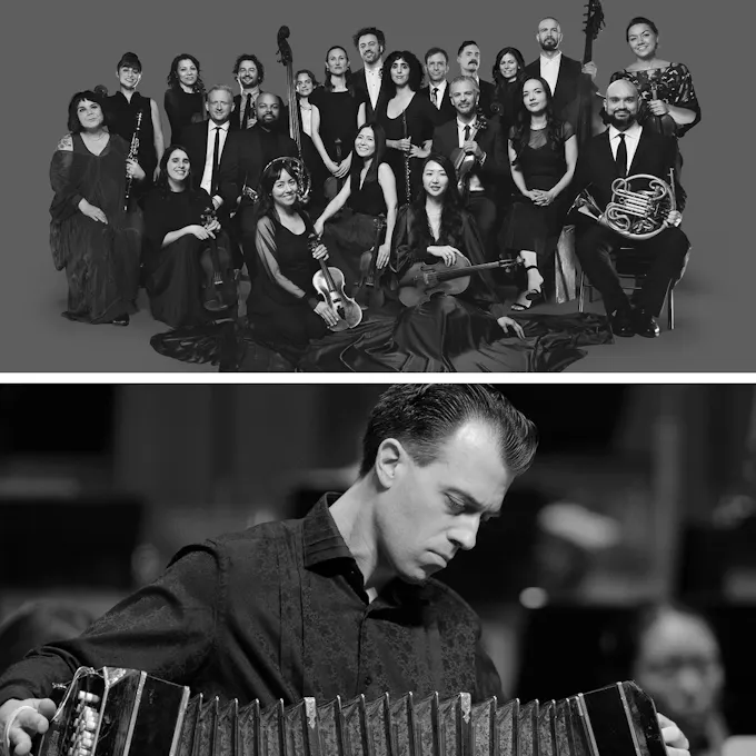 Members of The Knights sitting and standing, Julien Labro playing a bandoneon