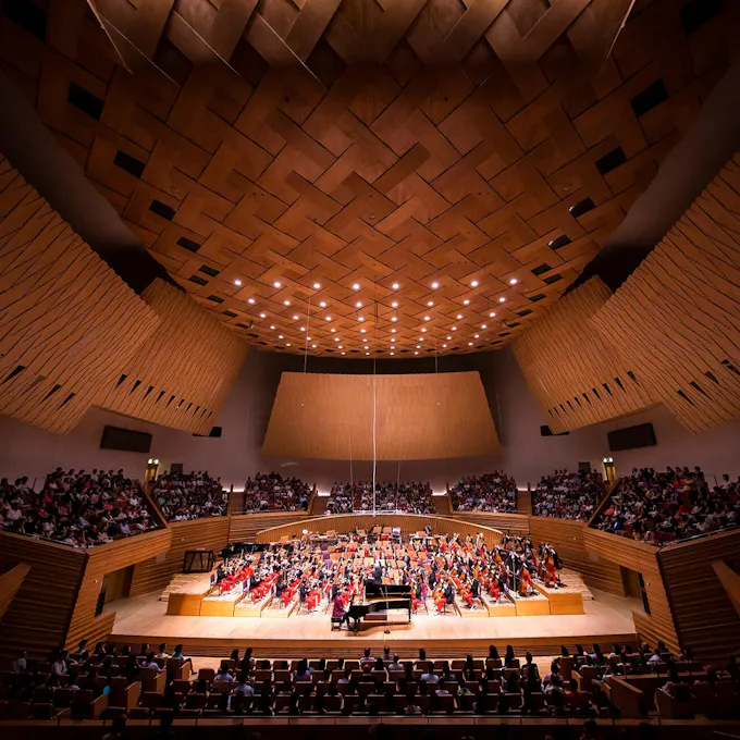 The NYO-USA Orchestra performs on stage below a ceiling of carved wood panels