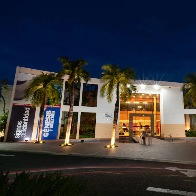 A white performance hall lit up with palm trees in front