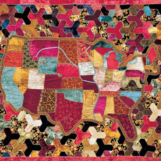 A quilted mosaic in the shape of the United States of America