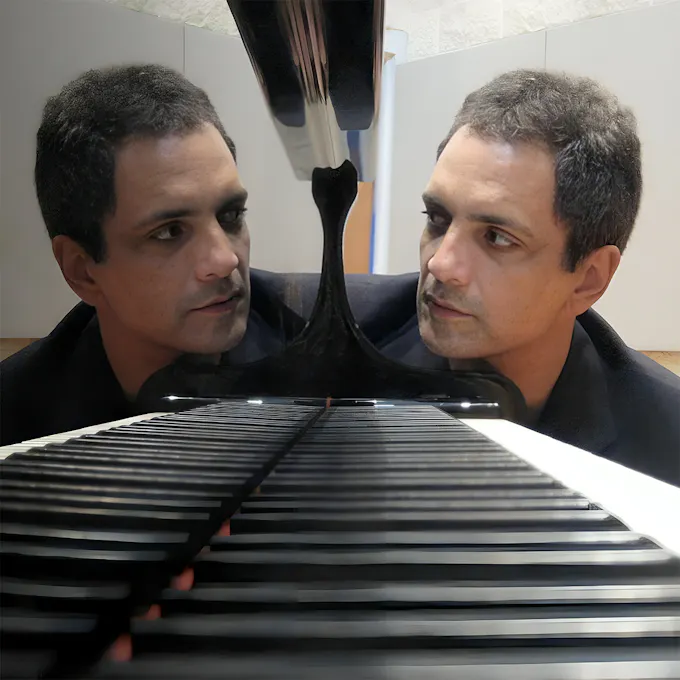 Armando Tranquilino looks at his reflection in a piano