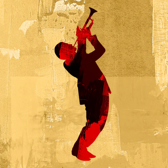 A silhouette of a man playing trumpet, arms upraised, against a gold background