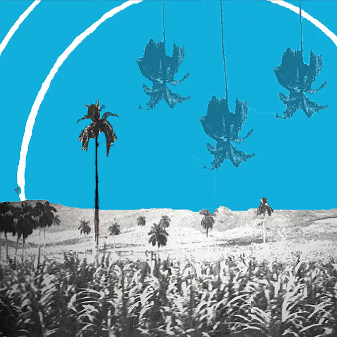Abstract image of a gray landscape with black trees and three large leaves hanging from a blue background