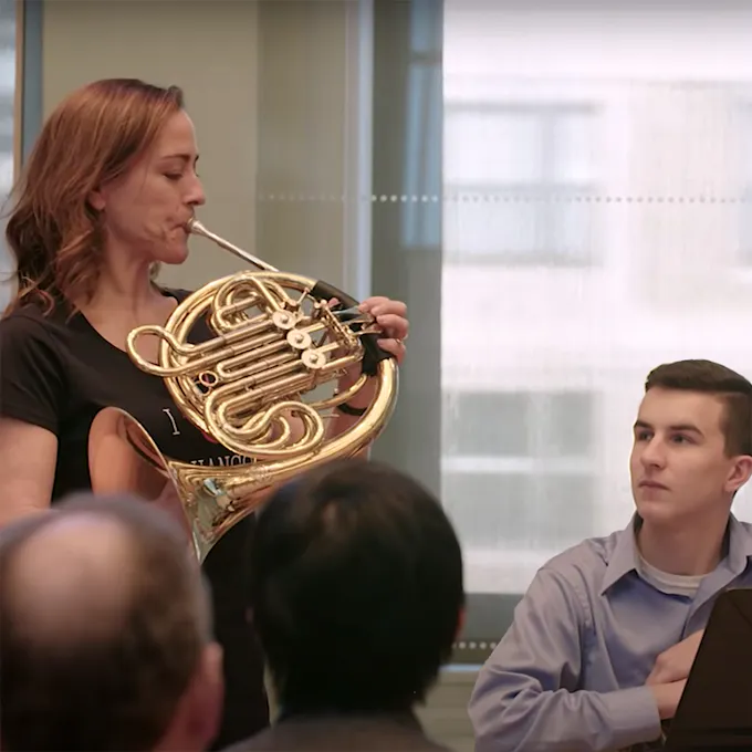 Berliner Philharmoniker horn member, Sarah Willis, coaches Jack McCammon on Beethoven Symphony No. 3, third movement