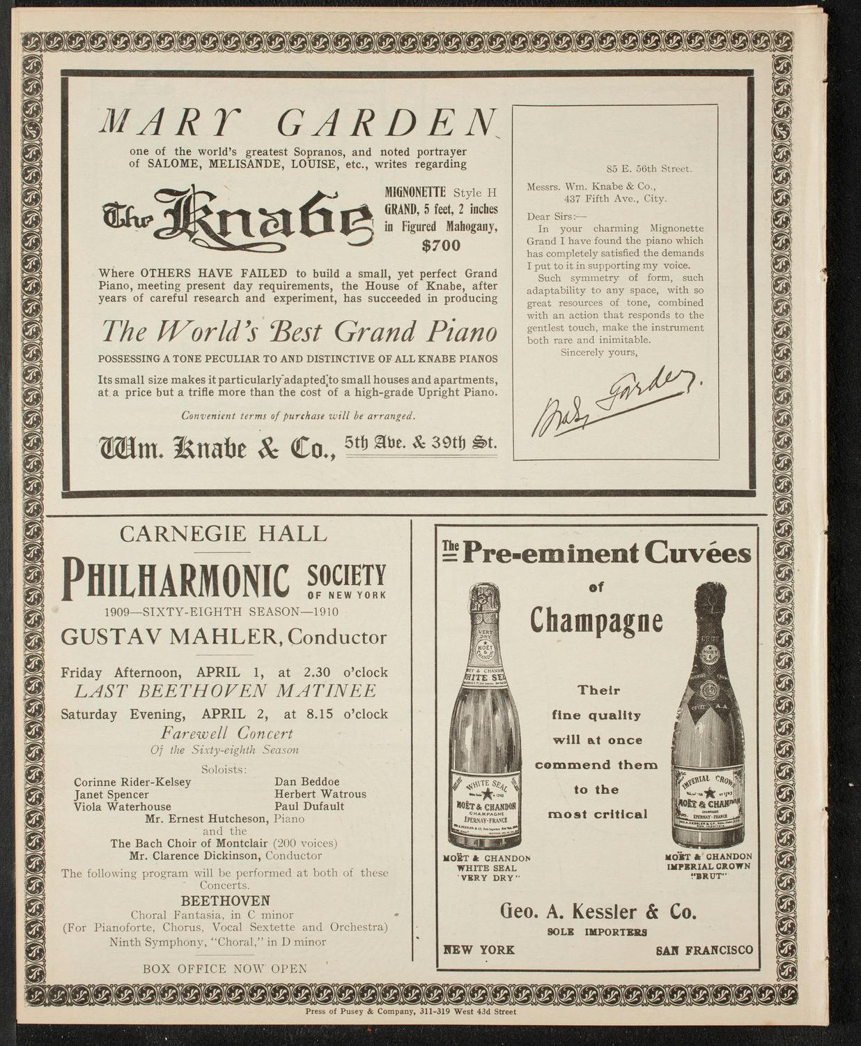 Advertisement for Gustav Mahler’s final Beethoven performances with the Philharmonic Society of New York (later the New York Philharmonic) at Carnegie Hall