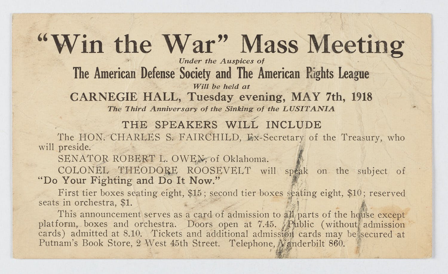 Postcard for the American Defense Society’s “Win the War” Mass Meeting