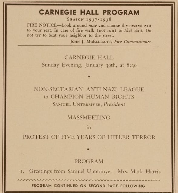 Program page from the Mass Meeting in Protest of Five Years of Hitler Terror, January 30, 1938