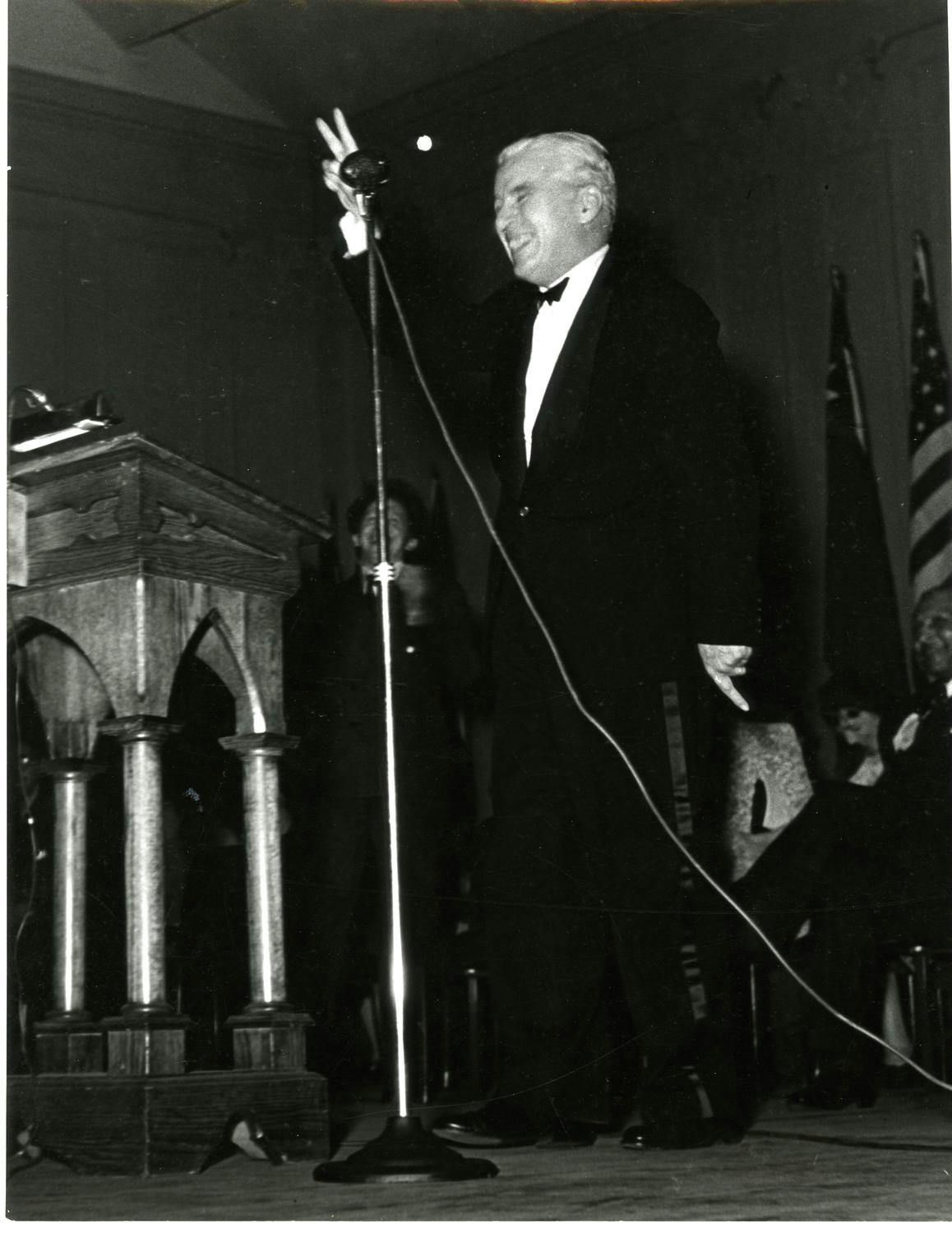 Photograph of Charlie Chaplin speaking at the Artists’ Front to Win the War