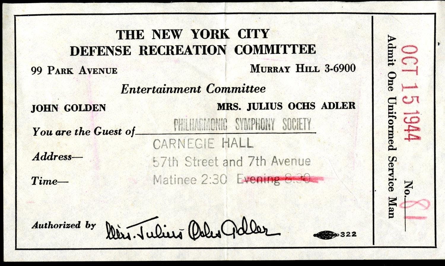 Ticket and ticket voucher from New York City Defense Recreation Committee