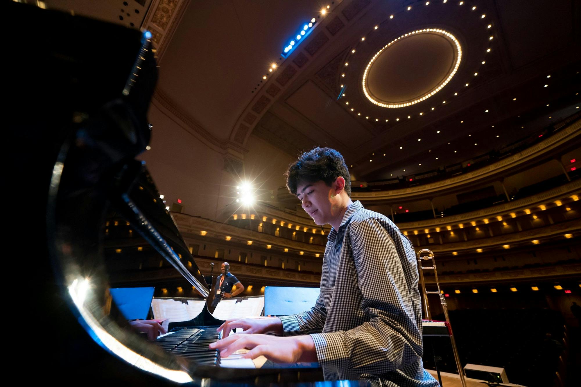 Seth Finch rehearsing at the piano in Stern Auditorium / Perelman Stage.