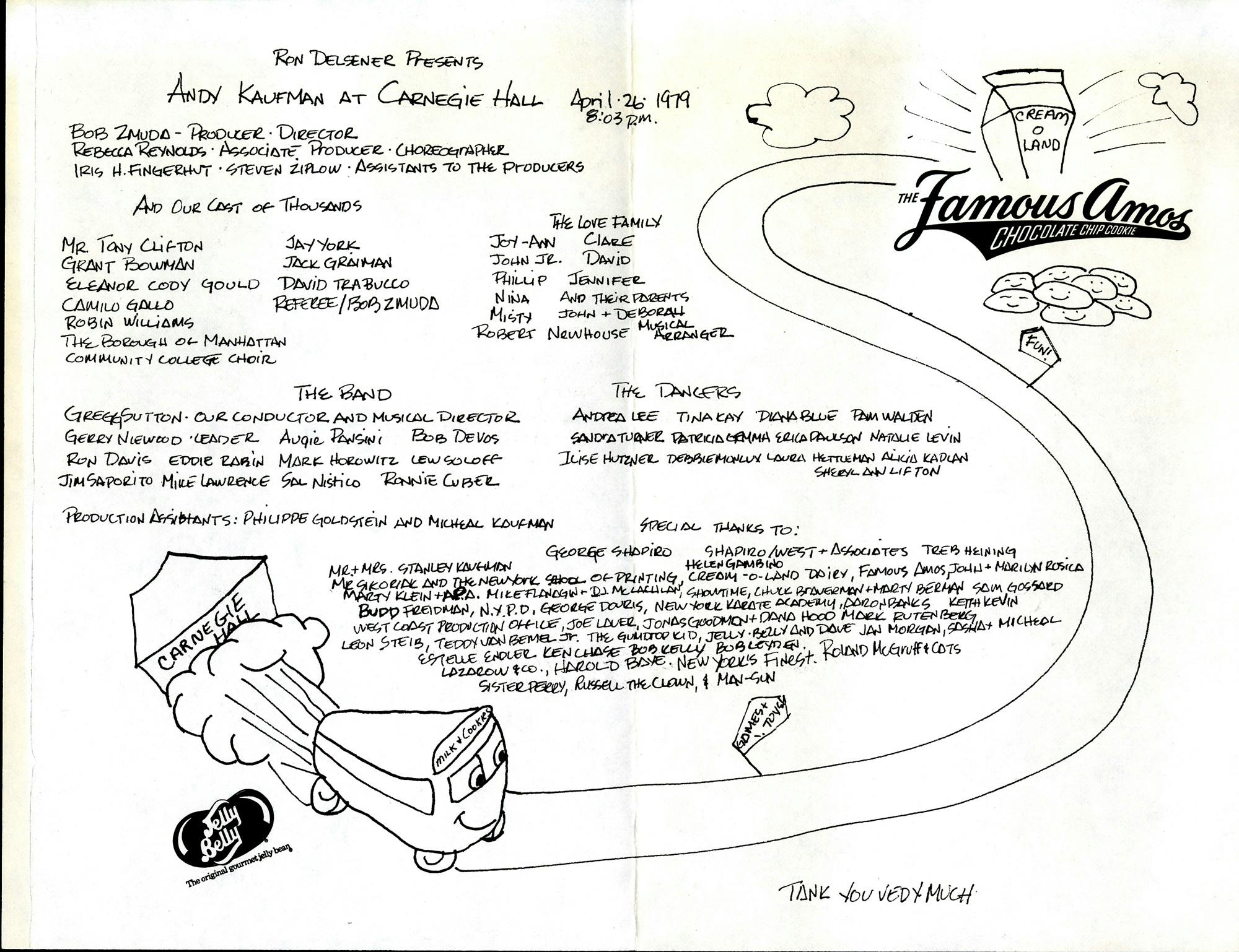 Illustrated program page for Andy Kaufman’s April 1979 show at Carnegie Hall