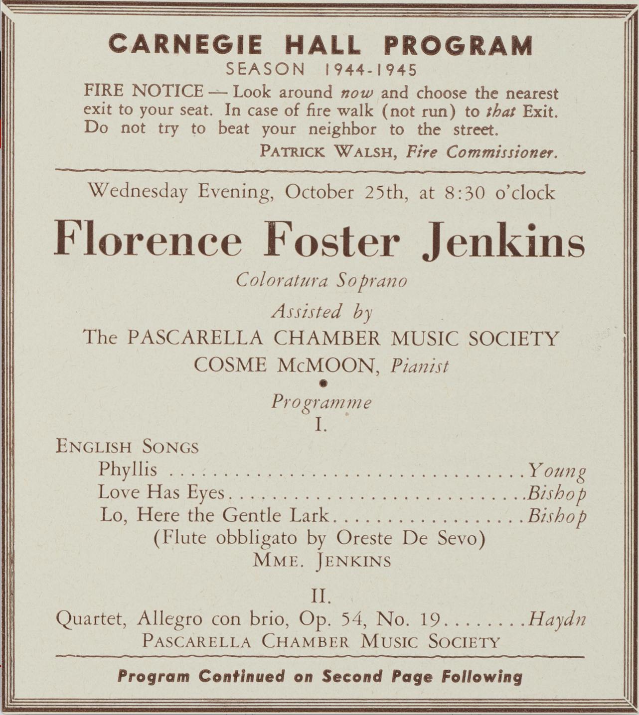 Program from Florence Foster Jenkins’s recital at Carnegie Hall on October 25, 1944