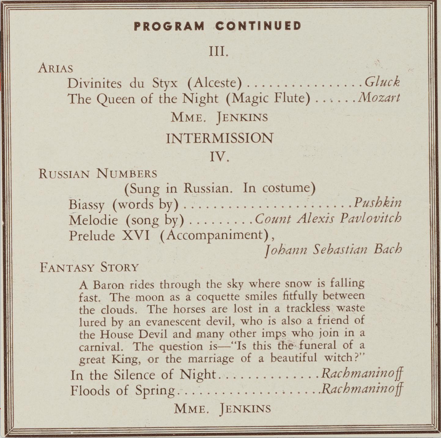 Program from Florence Foster Jenkins’s recital at Carnegie Hall on October 25, 1944