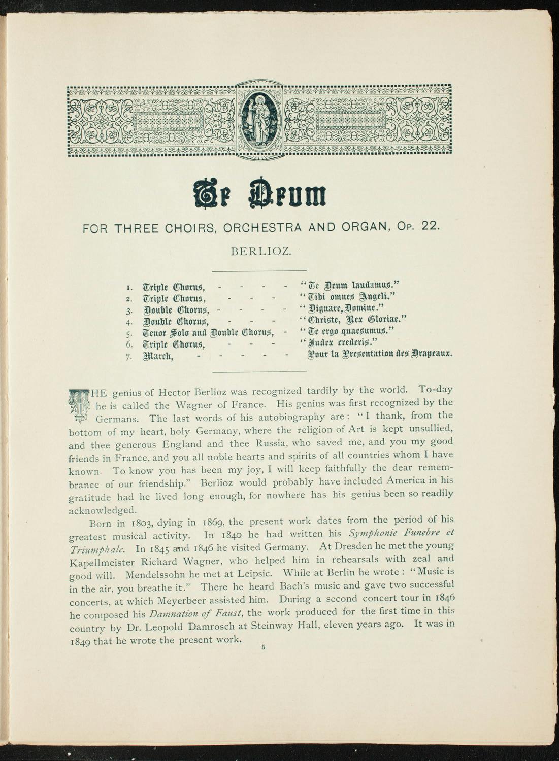 Program notes about Berlioz’s Te Deum in the Opening Night program on May 5, 1891
