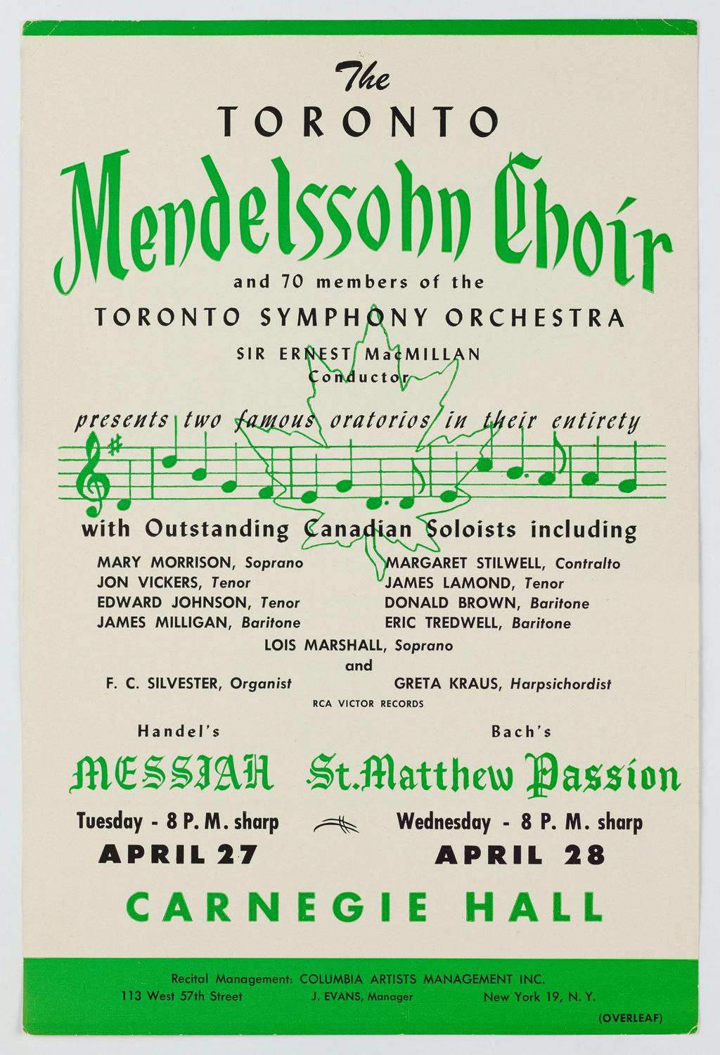 Flyer for the Toronto Mendelssohn Choir’s performance at Carnegie Hall, 1954