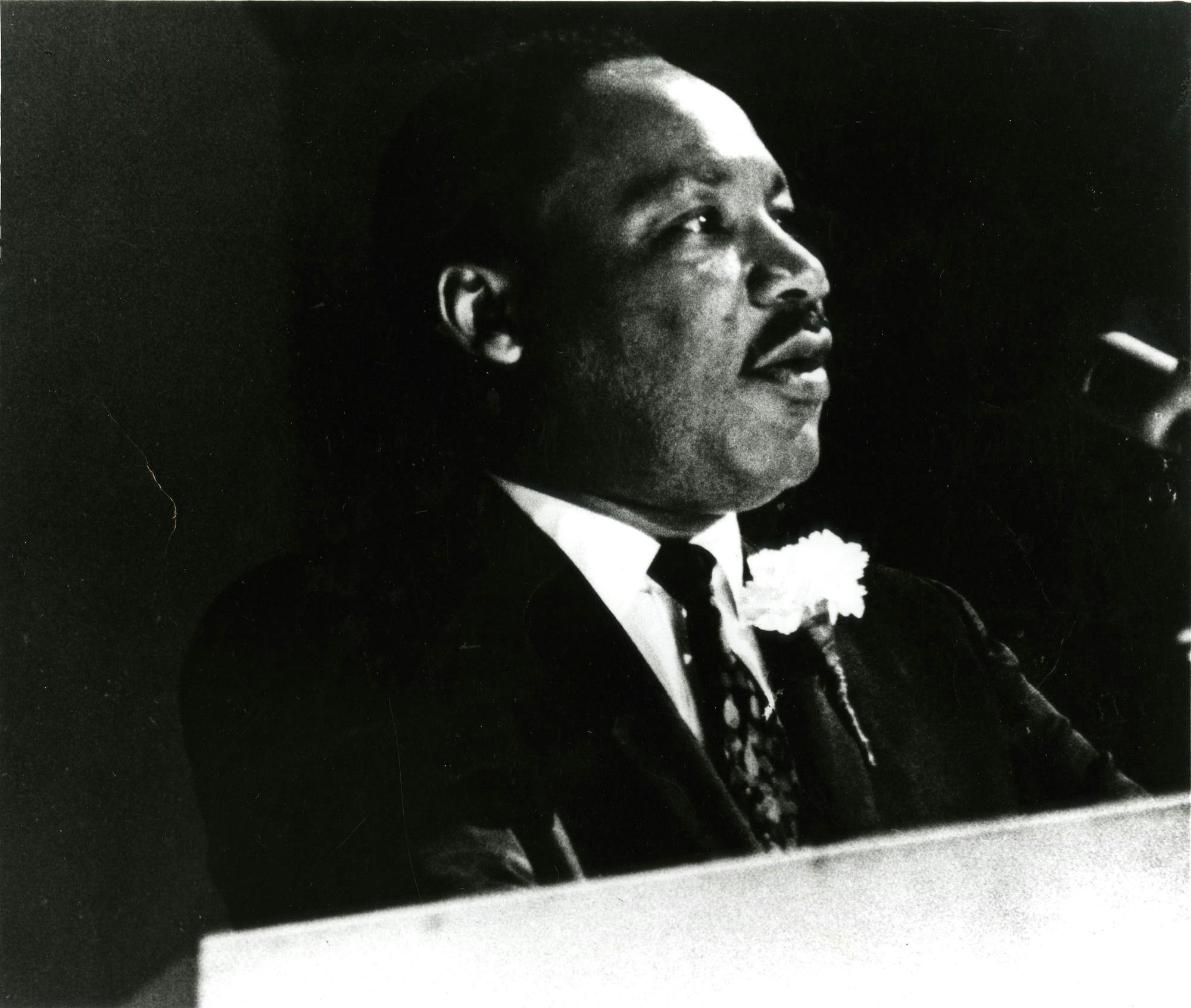 Photo of Dr. Martin Luther King Jr. speaking at Carnegie Hall, 1968