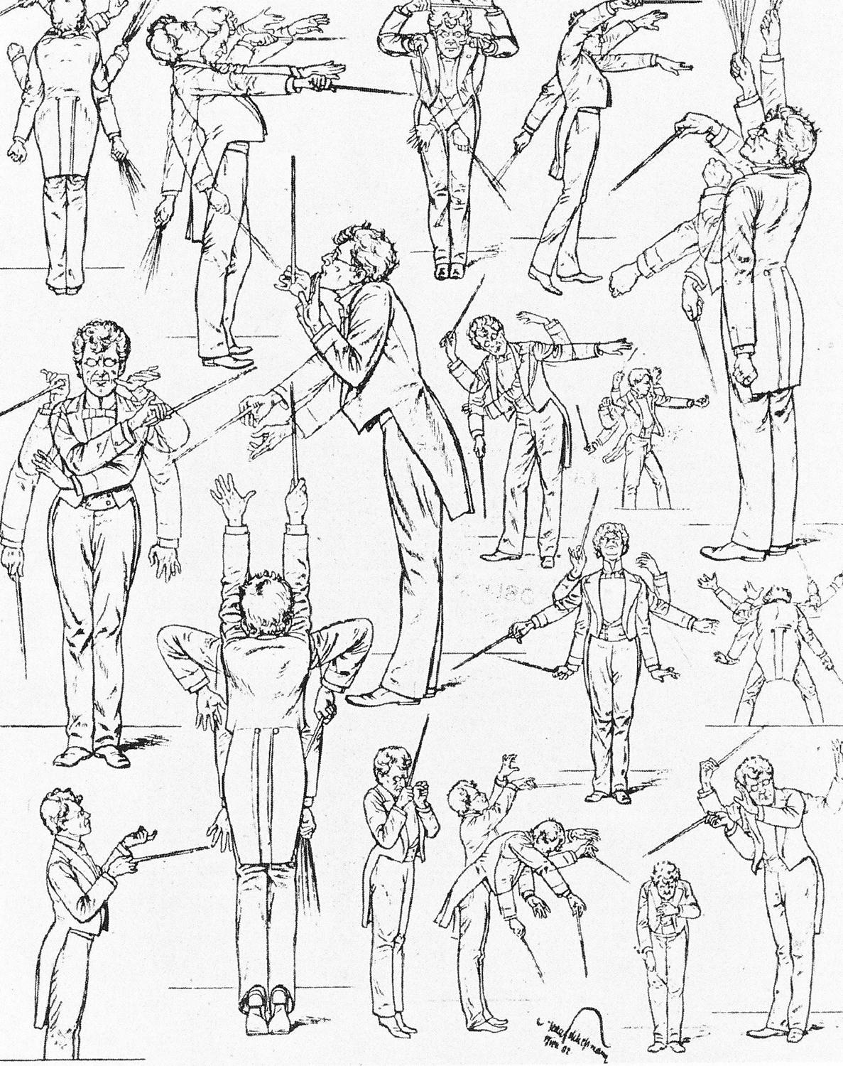 Caricature of Mahler’s conducting style