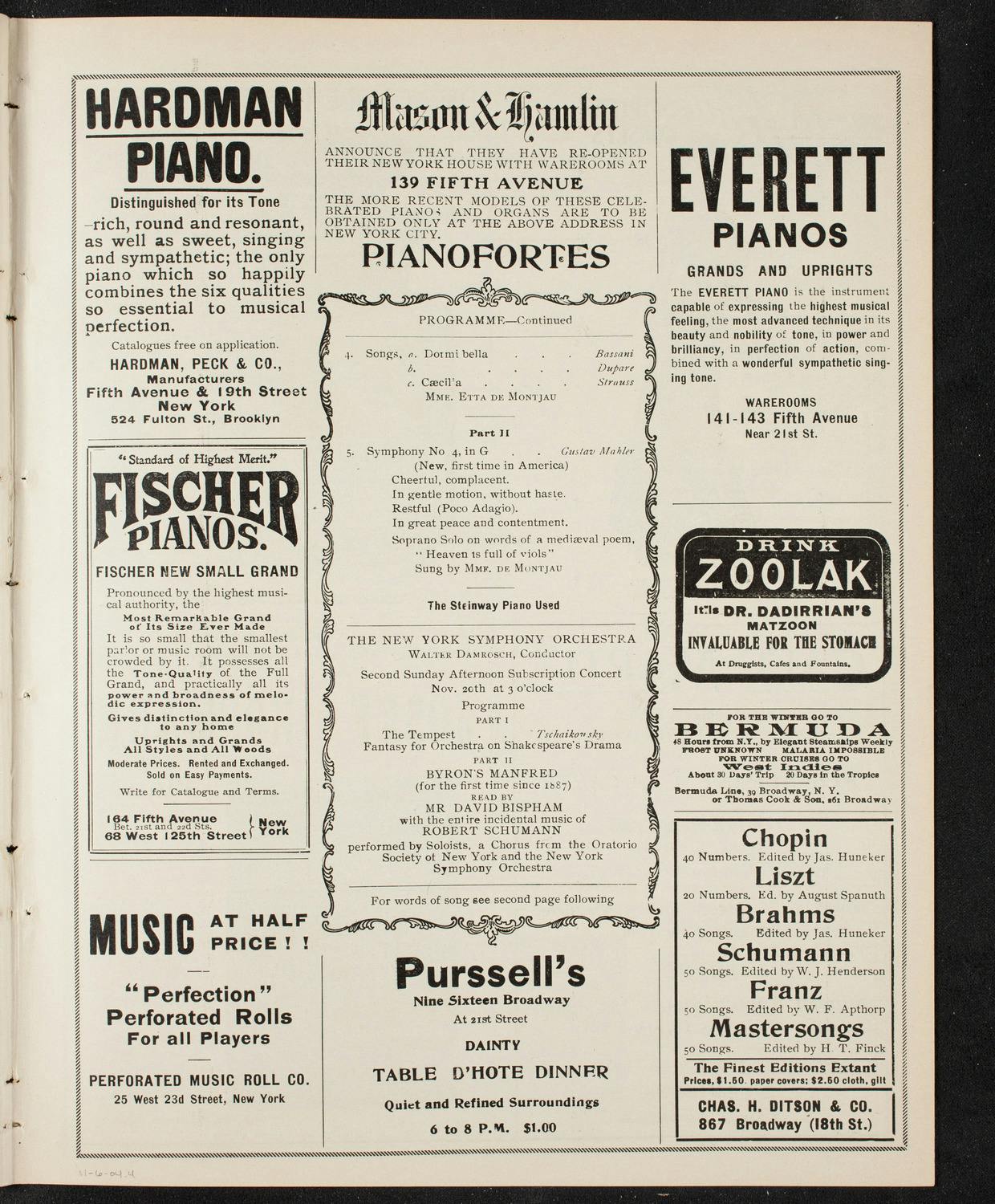 Program page for the US premiere of Mahler’s Symphony No. 4, 1904