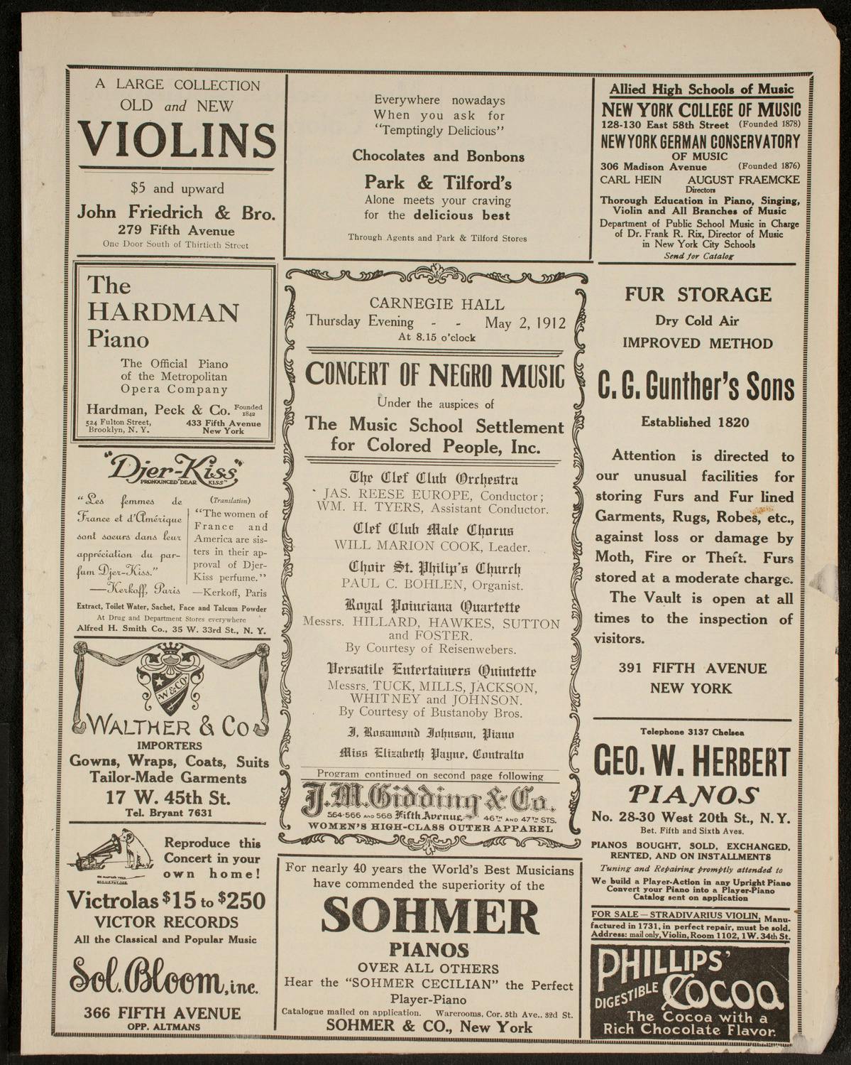 First program page listing the music for the Concert of Negro Music, May 2, 1912