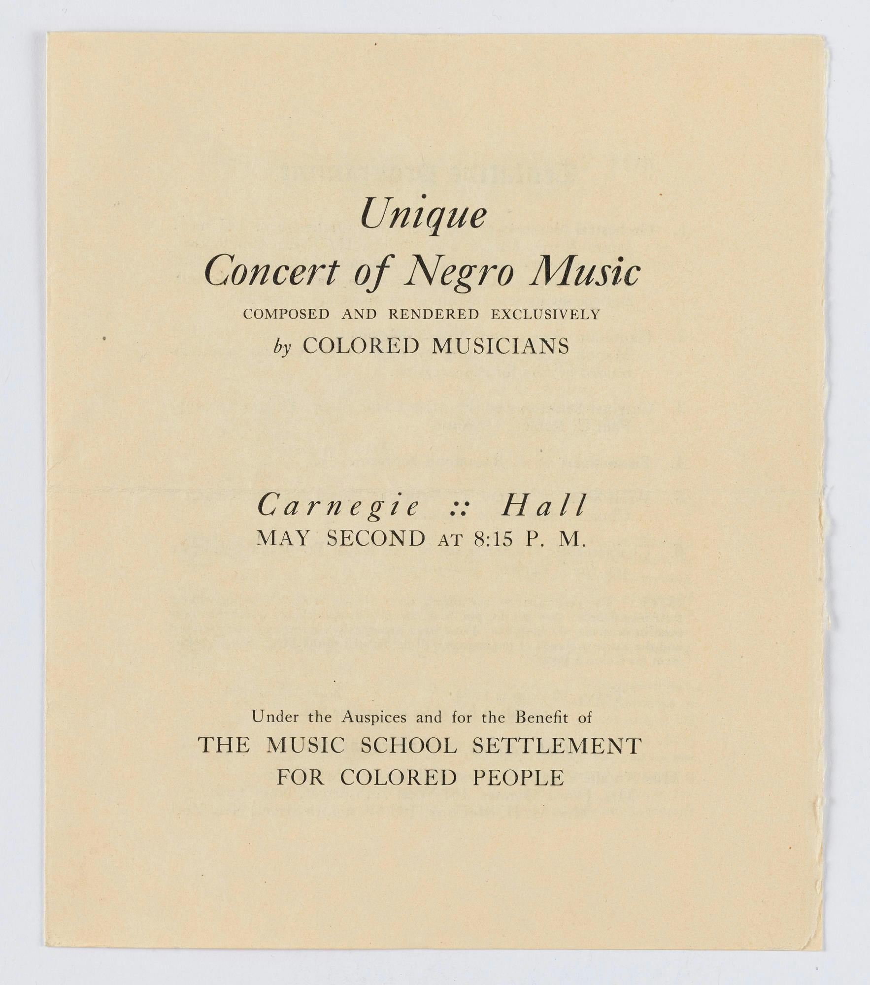 Page 1 of program supplement for the Concert for Negro Music, 1912