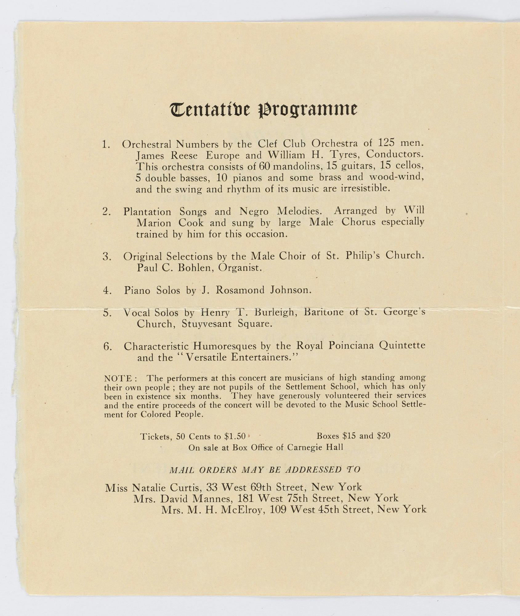 Page 2 of program supplement for the Concert for Negro Music, 1912