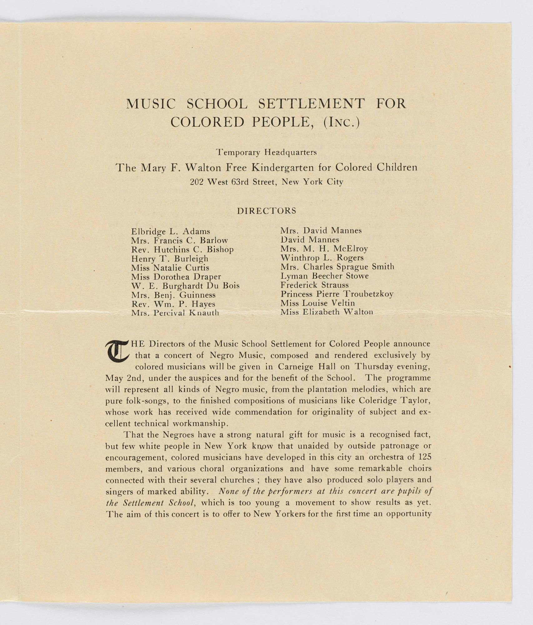 Page 3 of program supplement for the Concert for Negro Music, 1912