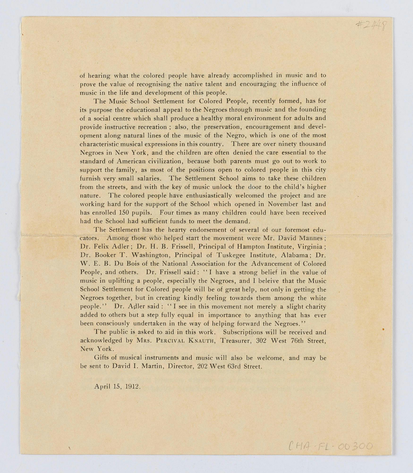Page 4 of program supplement for the Concert for Negro Music, 1912