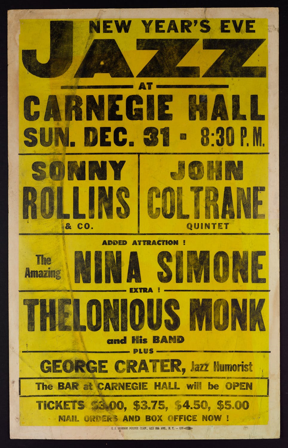Poster for a concert that featured John Coltrane at Carnegie Hall, 1961