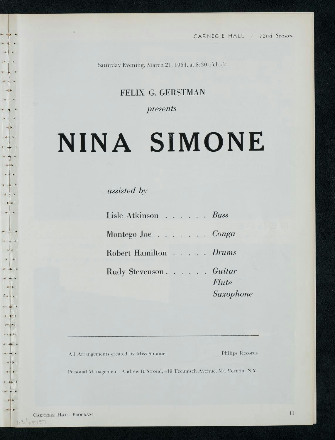 Program page for Nina Simone’s Carnegie Hall concert, 1964