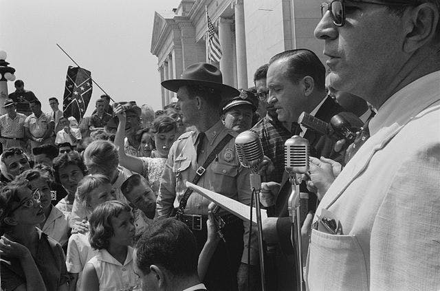 Photo of Orval Faubus leading a rally against school integration, 1959