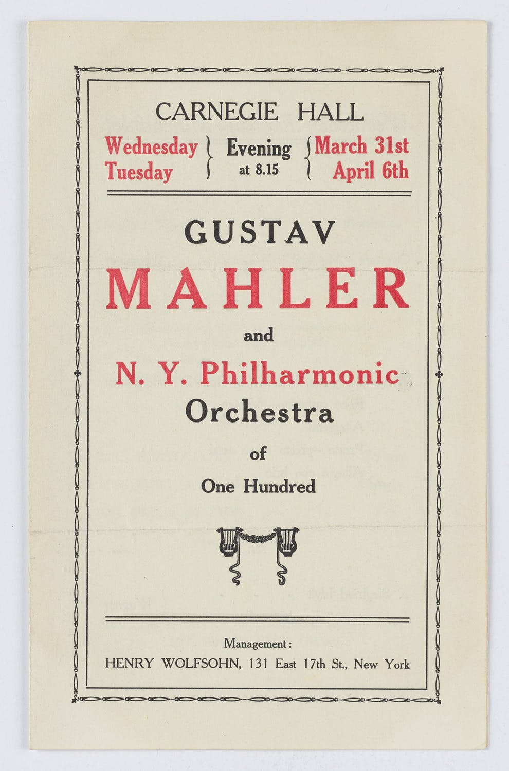 Flyer for Gustav Mahler’s performance at Carnegie Hall with the New York Philharmonic, 1909
