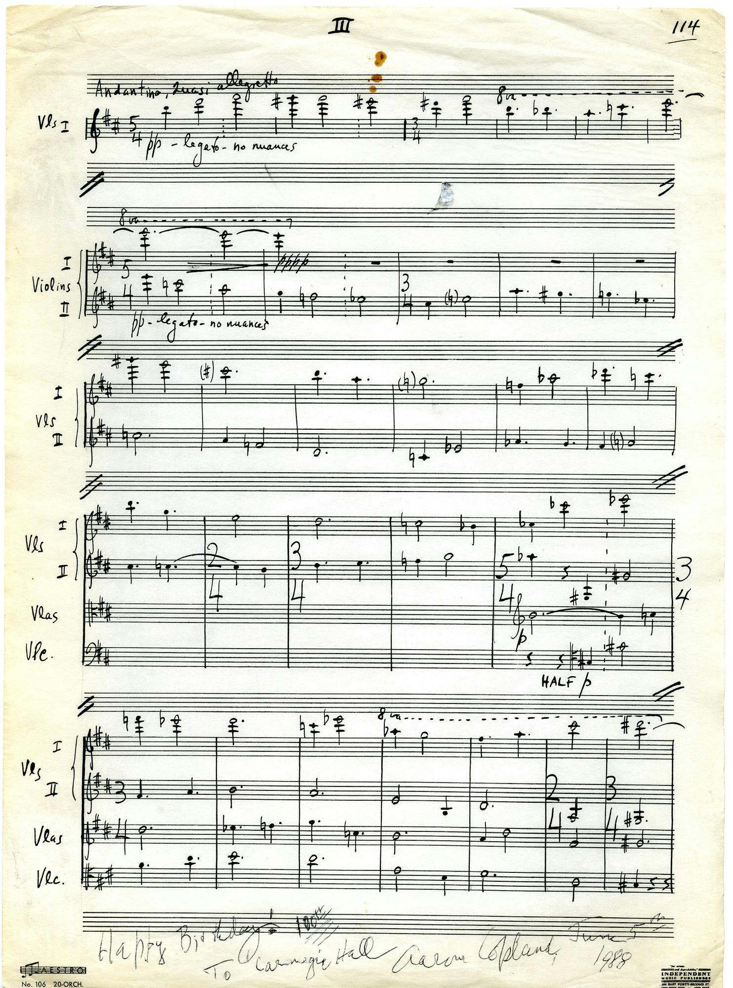 Manuscript from Copland’s Symphony No. 3 in the composer’s hand, 1988