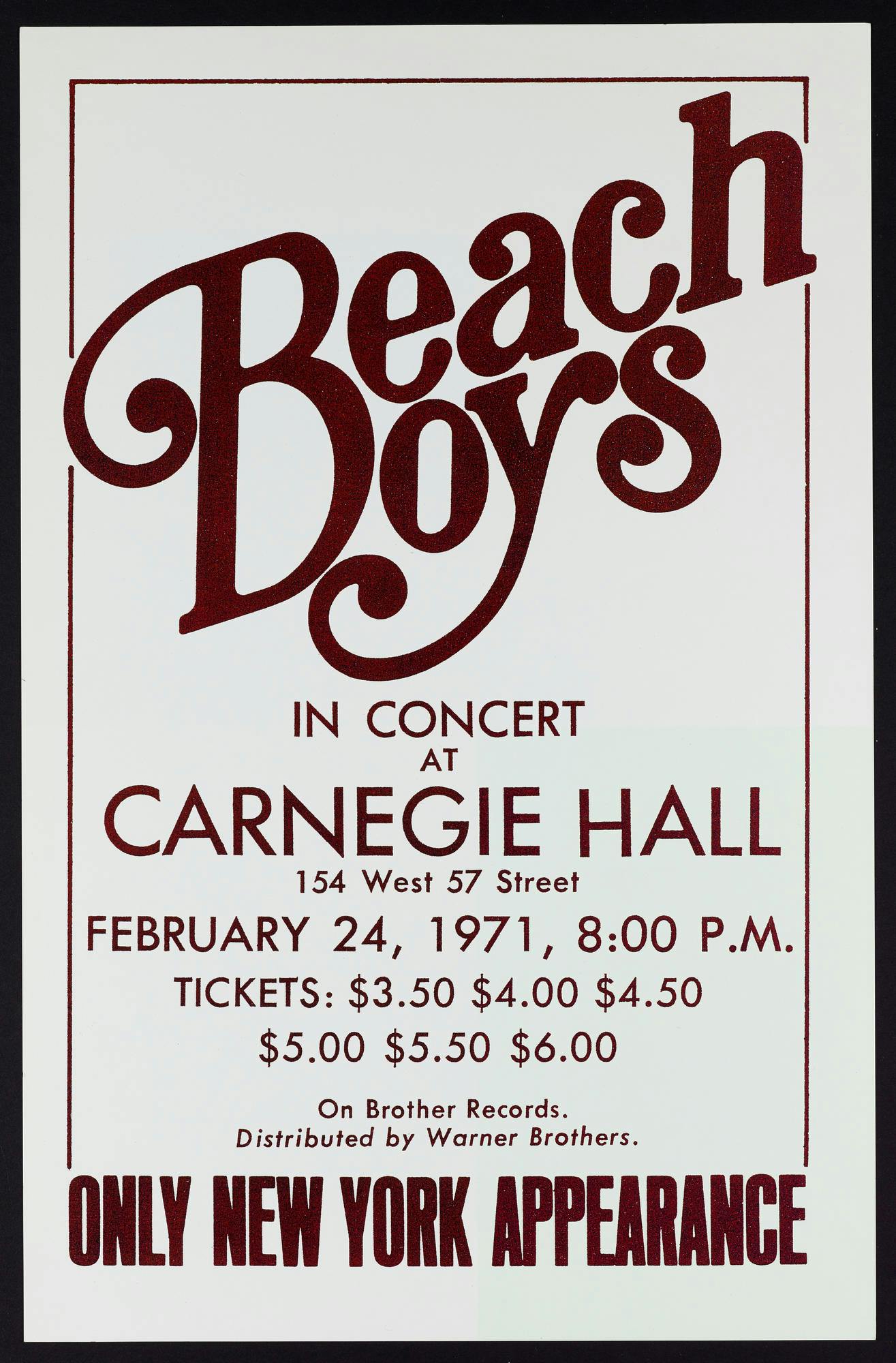 Poster for The Beach Boys’ concert at Carnegie Hall, 1971